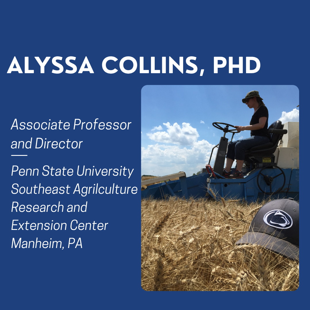 Blue background, with picture of Alyssa Collins driving a combine overlayed