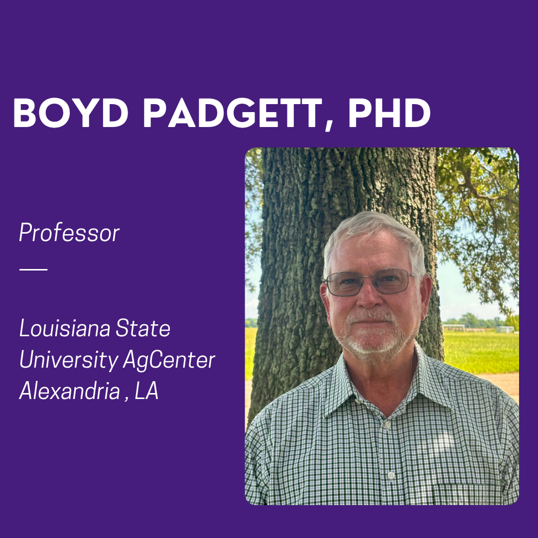 Purple background, with picture of Boyd Padgett standing in front of a tree