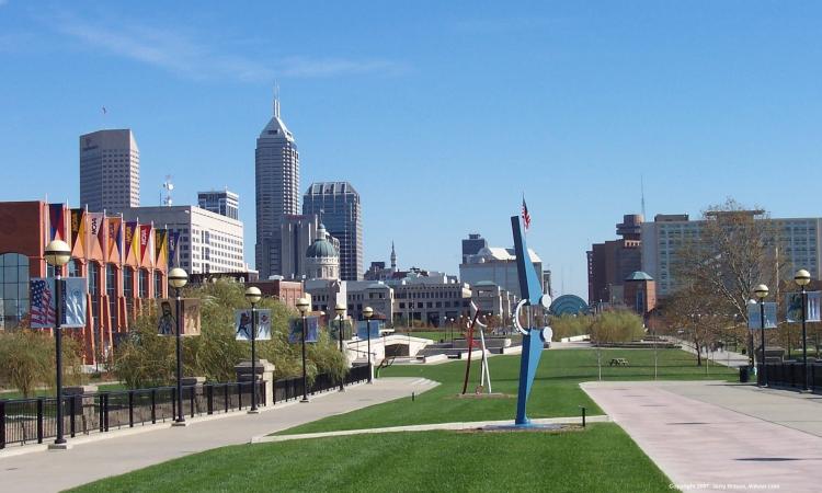 "File:Indianapolis downtown - panoramio (2).jpg" by Shane Lear is licensed under CC BY-SA 3.0